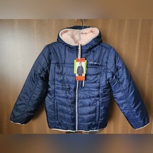 Eddie Bauer Deer Harbor Reversible Coat Jacket with Hood Navy Blue Pink Fluffy G